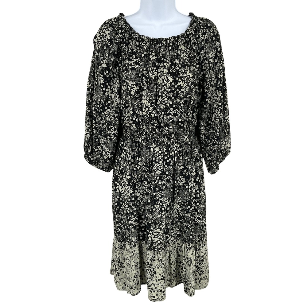 Knox Rose Floral Dress Women XS Black White Boho Smocked Tiered‎ Midi NEW